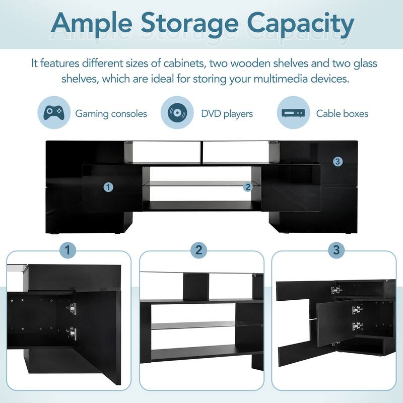 ON-TREND Unique Shape TV Stand with 2 Illuminated Glass Shelves, High Gloss Entertainment Center for TVs Up to 88", Versatile TV