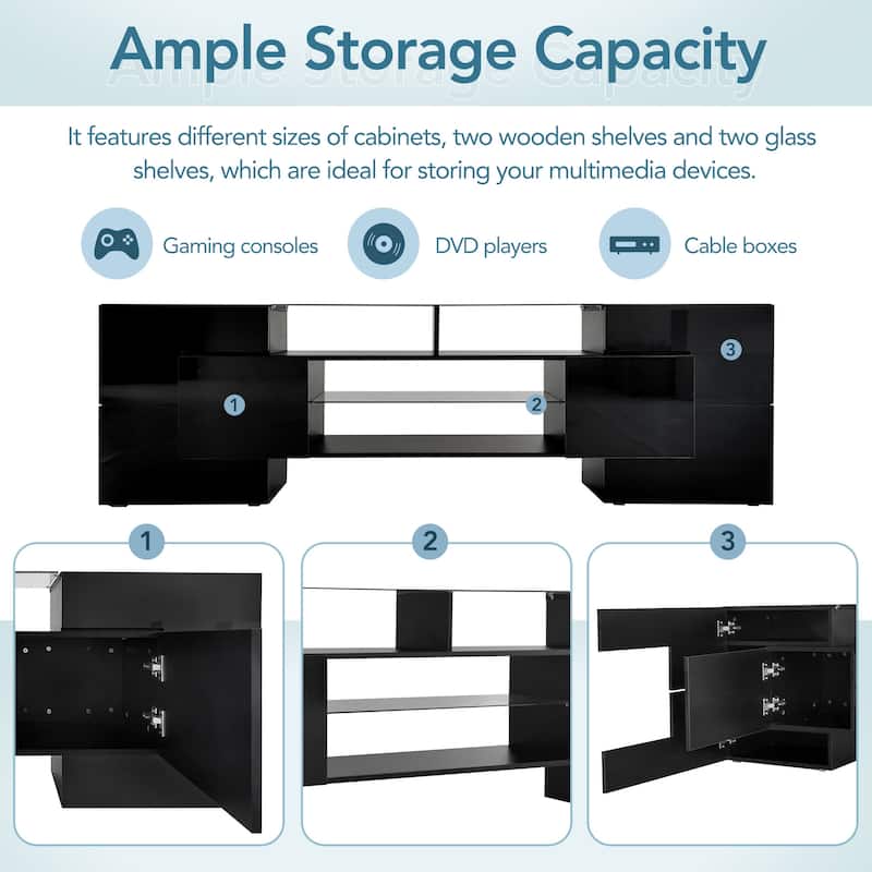 Unique Shape TV Stand with 2 Illuminated Glass Shelves
