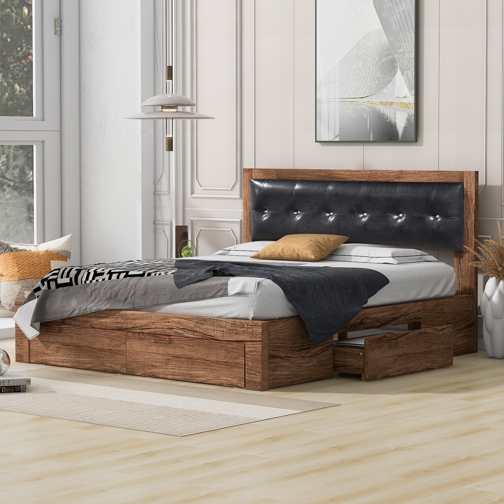 Walnut Platform Bed Queen Bed Frame with 4 Storage Drawers
