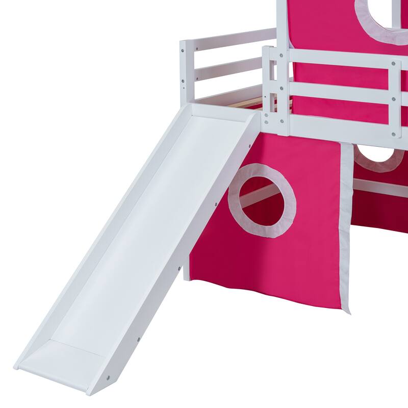 Pink Twin Size Solid Wood Loft House Bed with Slide Tent, Tower, Ladder, and Fence Baffle for Bedroom