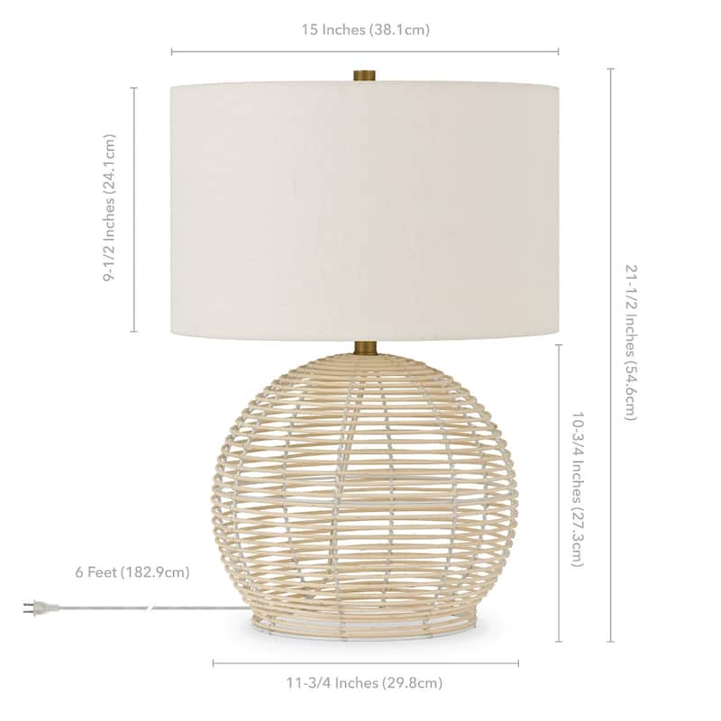 21" Natural Rattan Table Lamp With White Drum Shade - 15" x 15" x 21"
