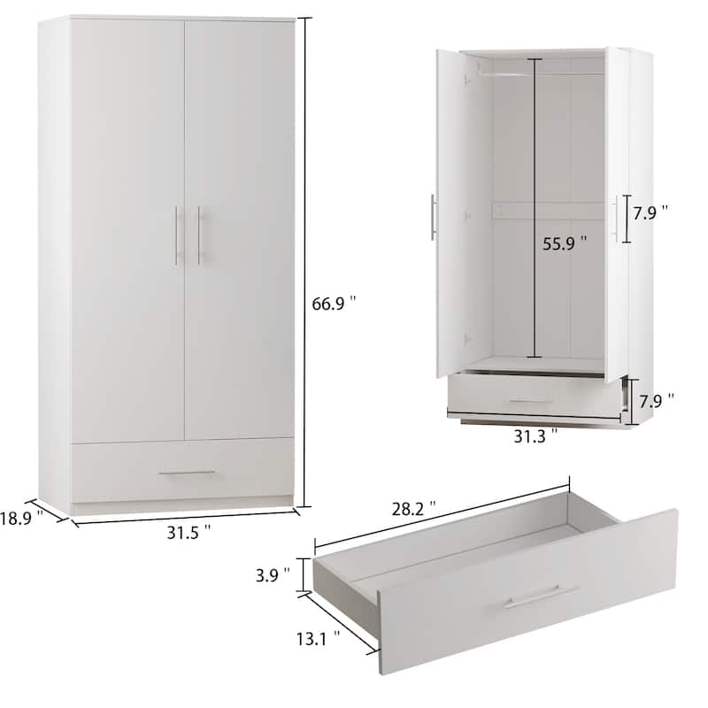 31.5" Freestanding Wardrobe Closet with Drawer, 2 Door Armoire with Hanging Rod, Modern Bedroom Storage Cabinet, Black/White - White