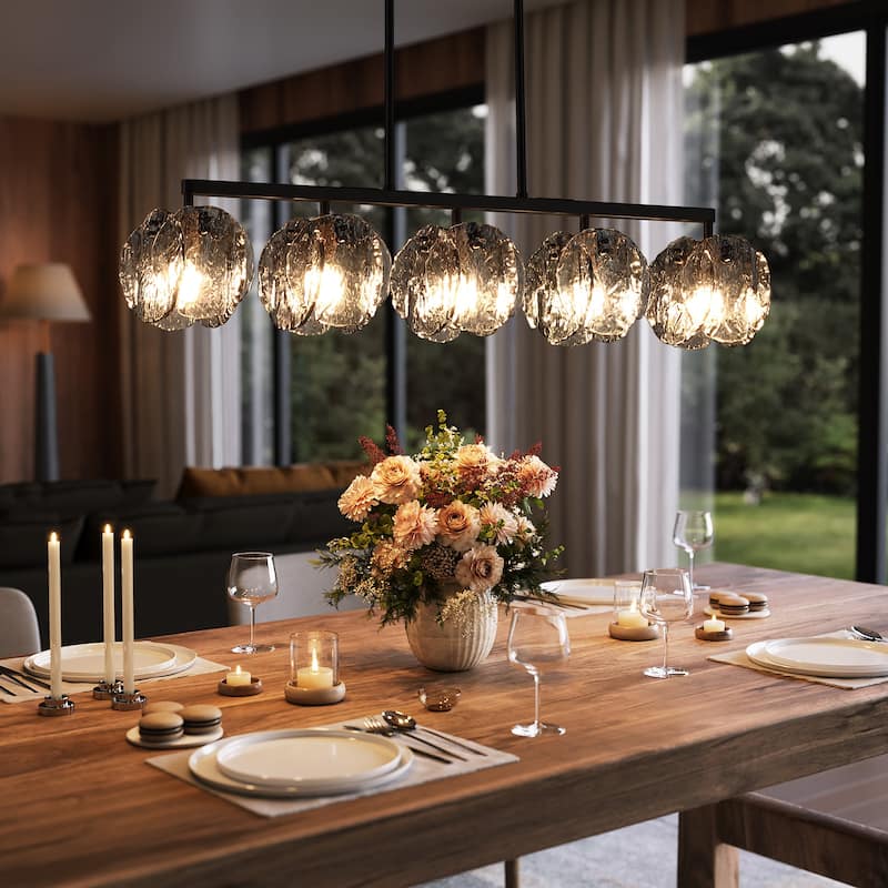 5-Light Linear Chandelier with Hand-Blown Smoke Gray Glass Shades - Smoky Gray