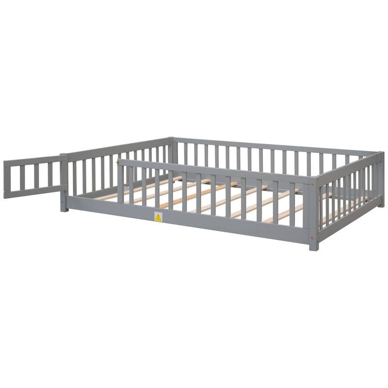 Twin/Full/Queen Size Floor Bed with Fence and Door, Wooden Montessori