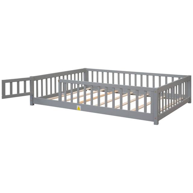 Twin/Full/Queen size Floor Platform Bed with Fence and Door for Kids, Toddlers
