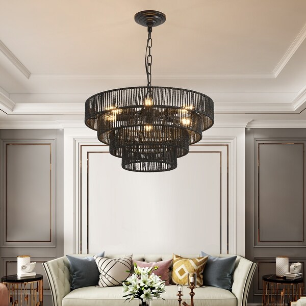 Rustic Black Hemp Rope Chandelier 6 E12 Sockets Handmade Tiered Boho Ceiling Light Fixture Bed Bath Beyond 42380874