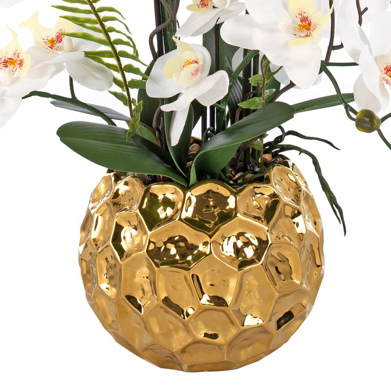 11 Stems Real Touch White Phalaenopsis Orchids with Green Leaf in Gold-Plated Ceramic Pot - 29.13" H x 29.13" W x 29.13" D
