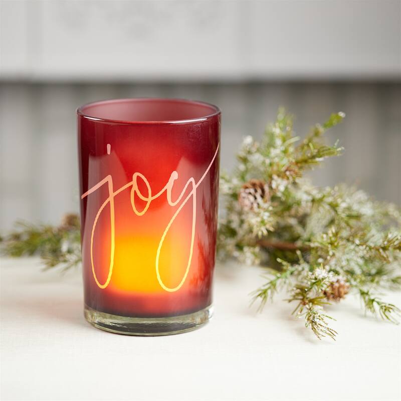 Red Glass Painted Candle Holders Set of 2 with Joy Message for Pillar and Votive Use - 4.5” x 4.5” x 7” (L x W x H)