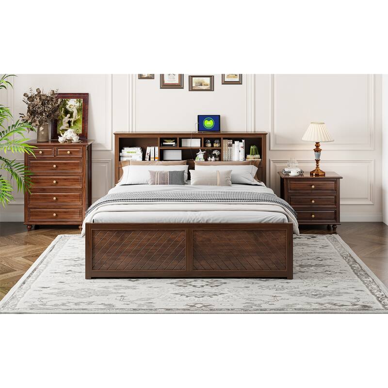 King Size Wood Platform Bed with Storage Headboard, USB Ports, and Drawers in Antique Wood Finish