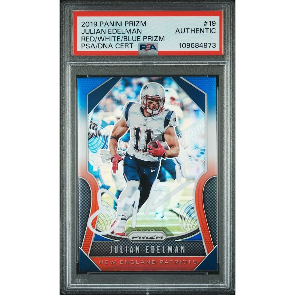 Julian Edelman 2019 Panini Prizm Red White Blue Signed Football Card #19 Auto PSA 109684973 - 8' x 11'