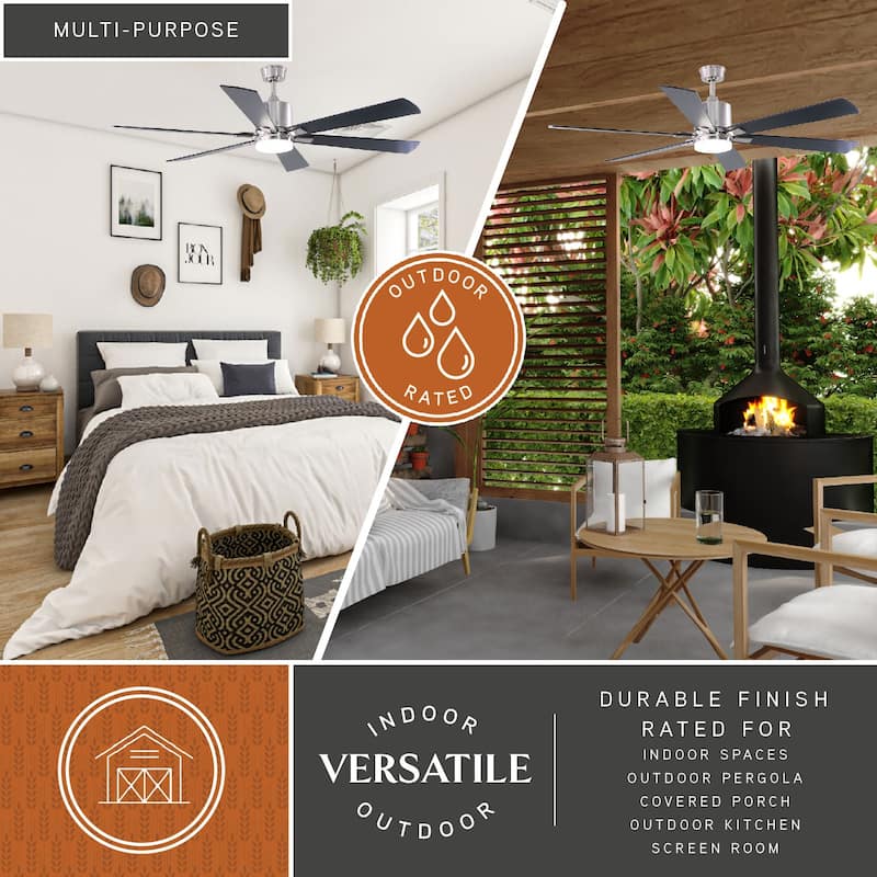 VAXCEL Wheelock Satin Nickel Outdoor Ceiling Fan, Reversible Black-Driftwood Blades, LED Light Kit, Remote 6 Speeds, DC Motor