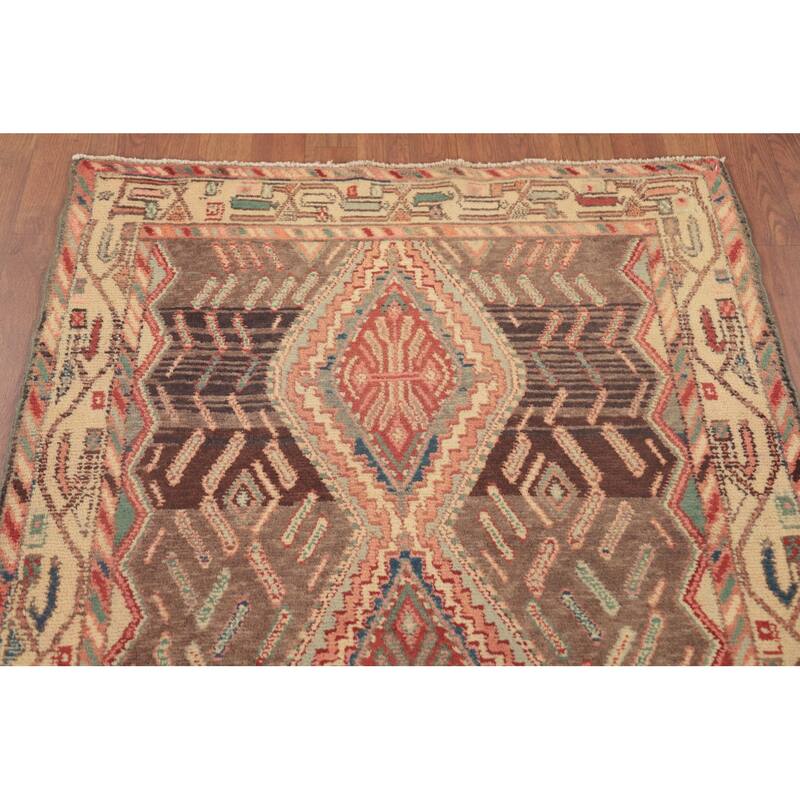 Hamedan Persian Vintage Runner Rug Handmade Brown Wool Carpet - 3'5"x 8'4"
