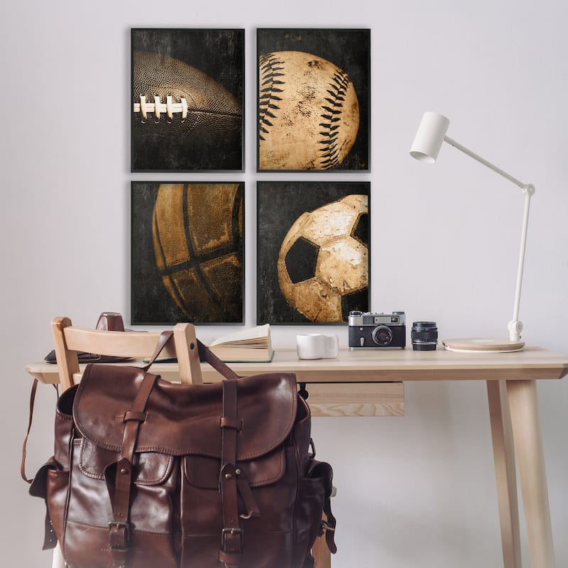 Stupell Distressed Vintage Sports Balls Framed Giclee Art Design By Kim Allen (Set of 4)