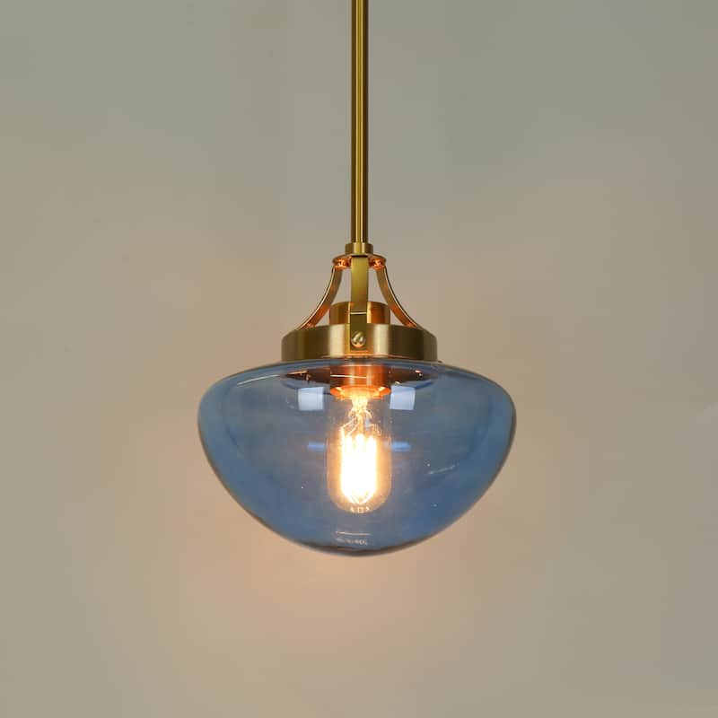 Modern Contemporary 1-Light Gold Kitchen Island Blue Schoolhouse Glass Pendant Lights for Dining Room - 8.5" Dia x 9" H