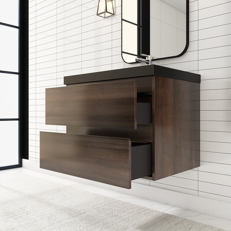 24/30/36 inch Wall-Mounted Bathroom Vanity Set in Grey Oak with Integrated Black Resin Sink