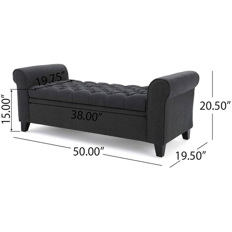 Shawn Storage Bench with Rolled Arms, 50 Inch Button Tufted Dark Gray