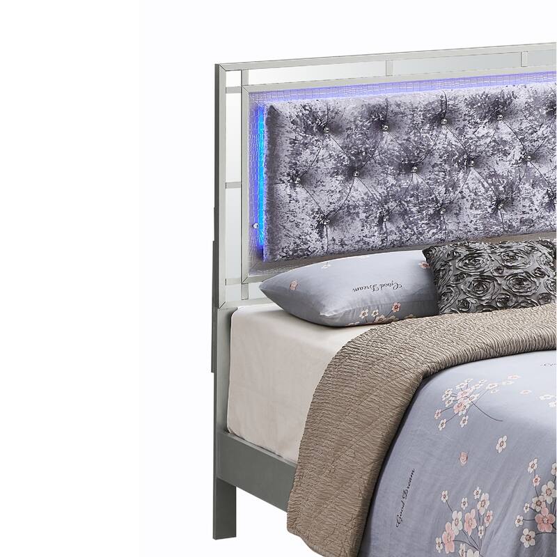 LED Lighted Velvet Tufted Queen Panel Bed - 85" - Silver Champange Finish