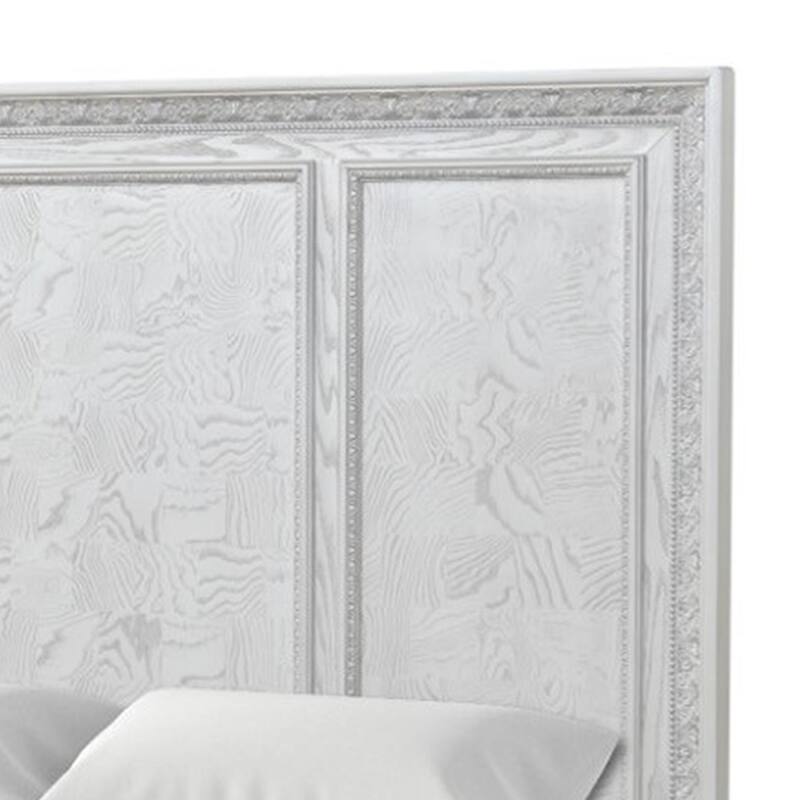 Miamy King Bed, Creamy White Wood, Panel Design, Silver Brushed Accents