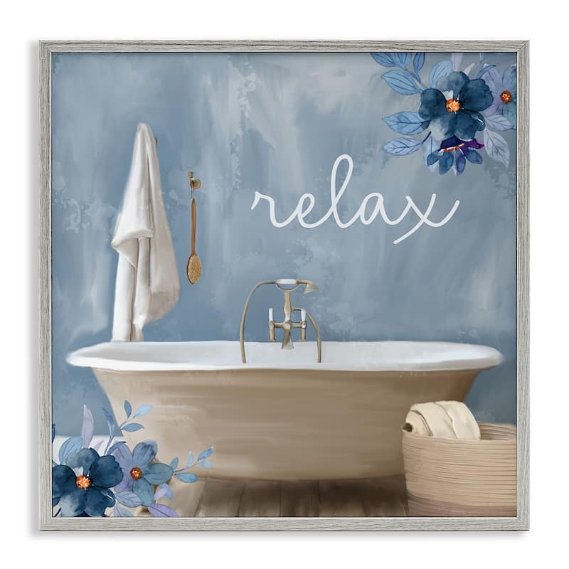Stupell Blue Floral Relax Bathroom Scene Framed Giclee Texturized Wall Art, Design By Kim Allen - 17 x 17 - Grey