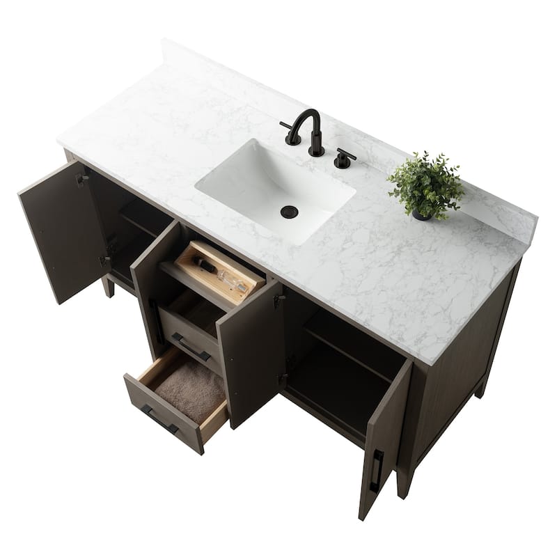 Vanity Art 60" Single Sink Bathroom Vanity Cabinet with Engineered Marble Countertop