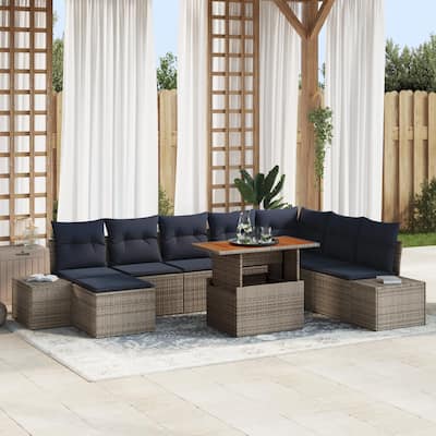 vidaXL 9 Garden Sofa Set with Cushions Black/Grey Poly Rattan - 125.6 x 60.6 x 27.2
