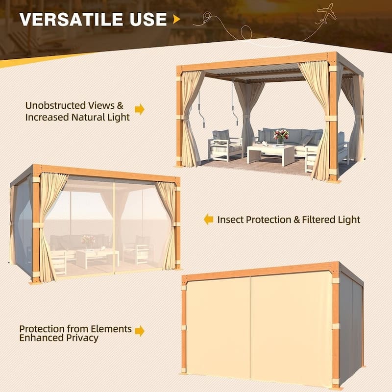 Outdoor Galvanized Steel Roof Gazebo Pergola w Wooden Coated Alumninum Frame, Privacy Curtains and Nettings Include