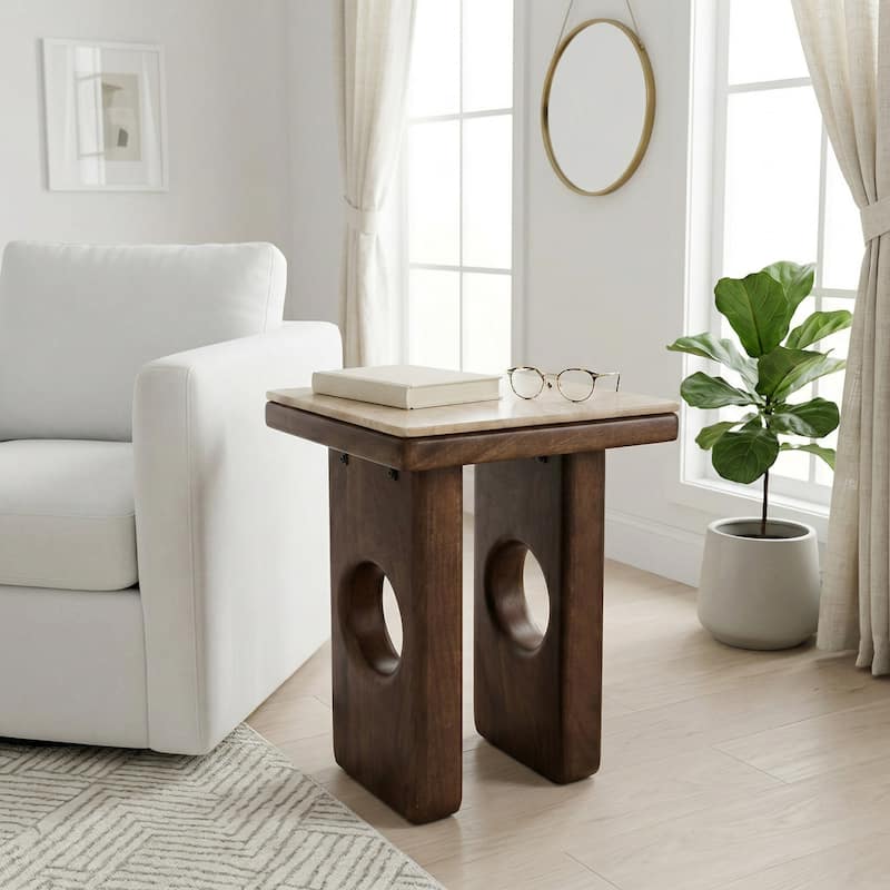 Square Stone Top Accent Side Table with Wood Base - 21", Tan & Brown - 21.0"