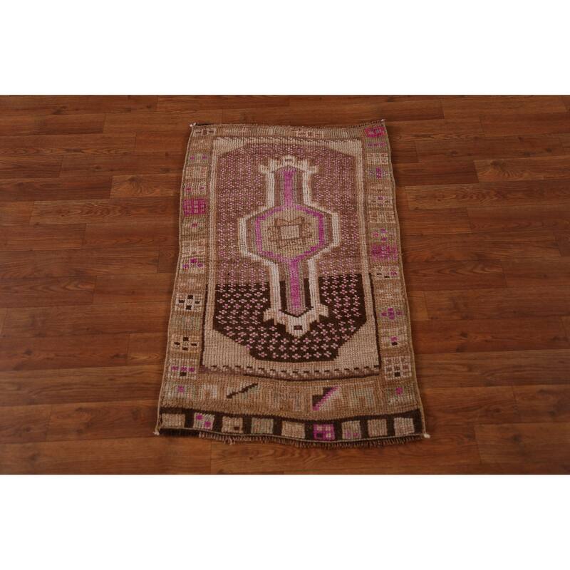 Hand Knotted Oriental 100% Wool Carpet Transitional Tribal Brown Anatolian Area Rug - 3' 0'' X 1' 10''