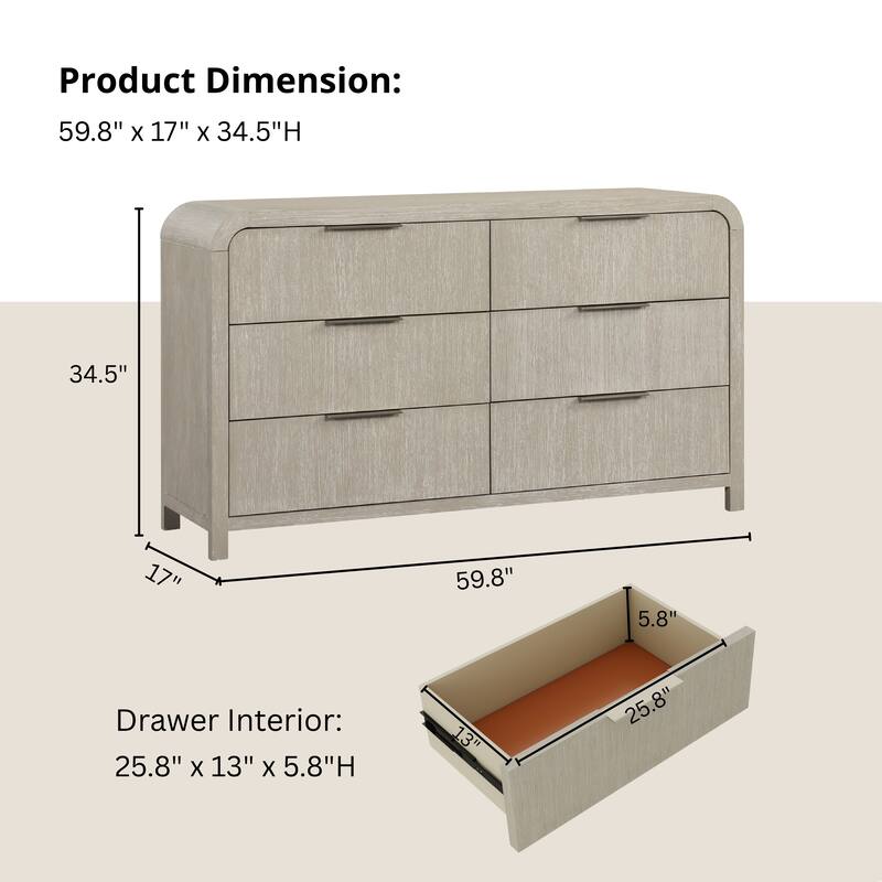 Roundhill Furniture Tavari Contemporary 6-Drawer Wood Dresser, Light Gray