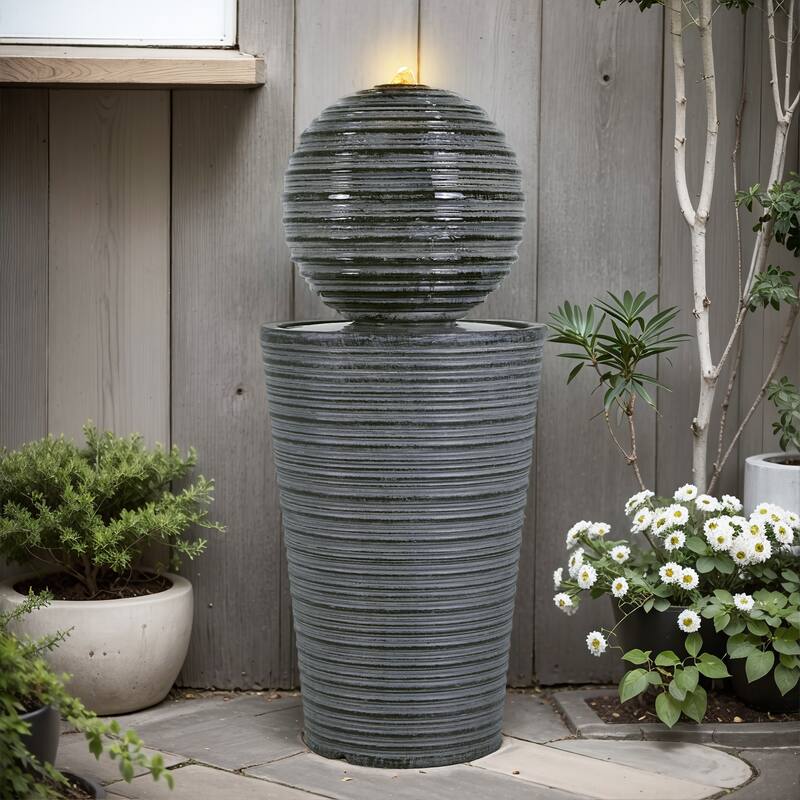 Roomfitters 31.5-Inch Tall Striped Column Outdoor Fountain with LED Lights, Concrete Modern Art Sculpture & Water Feature, Gray