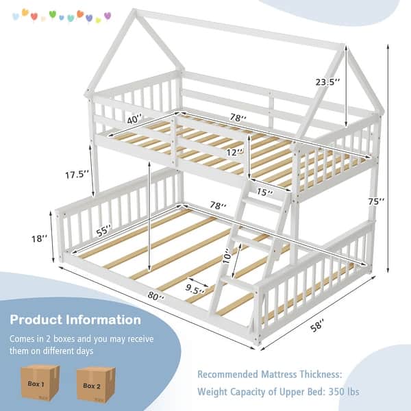 Twin Over Full House Bunk Bed with Ladder Convertible to 2 Beds
