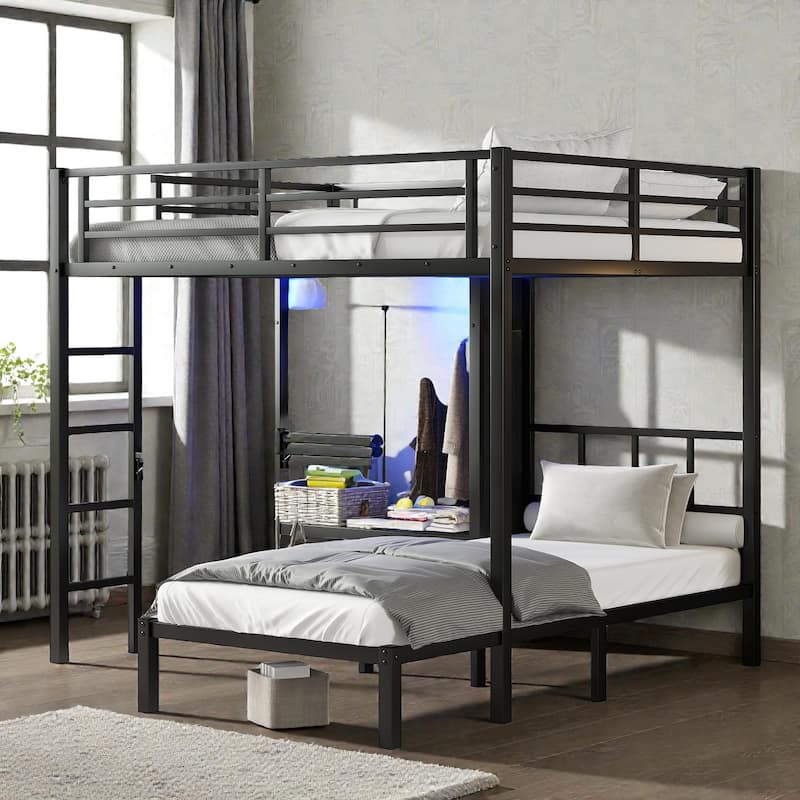 Full XL Over Twin Metal Bunk Bed with Folding Desk and Closet, LED Storage, Space Saving Design