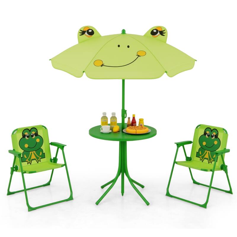 4 Pieces Kids Picnic Set with 2 Folding Chairs and Height Adjustable Umbrella-Light Green - Multi