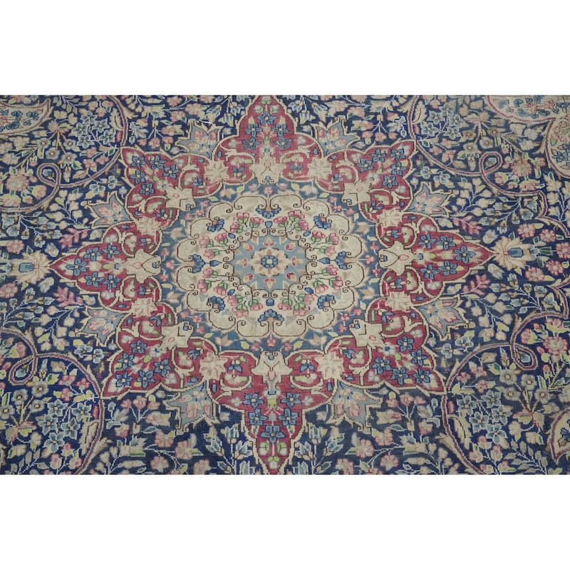 Hand Knotted Oriental 100% Wool Carpet Traditional Floral Navy Blue & Blues Kerman Area Rug - 10' 9'' X 7' 11''