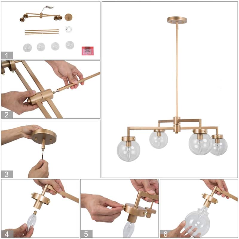 Mid-Century Modern 4-light Sputnik Chandelier Adjustable Gold Ceiling Lights with Glass Globe
