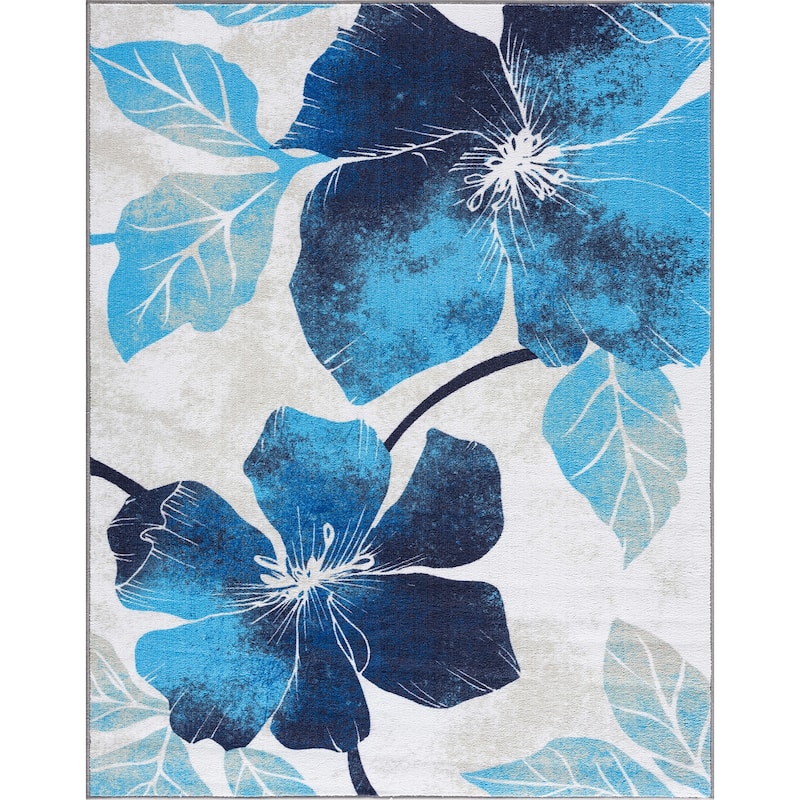 Bahamas Black White Floral Non-Slip Rubber Back Indoor Area Rug - 3 X 5 - Blue White