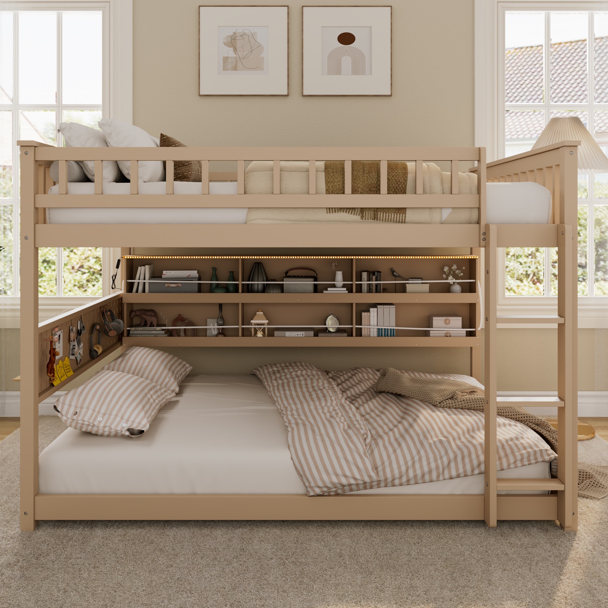 Wooden Full Over Full Bunk Bed Frame for Kids with Integrated Shelving, Light Strip, Pegboard, Full-Length Guardrails and Ladder