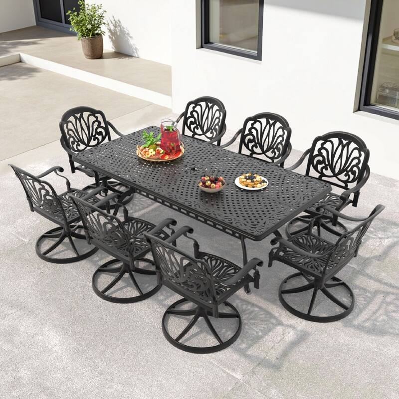 9-Piece Aluminum Rectangular Outdoor Patio Dining Set, 8 Cushioned Swivel Chairs, Table, All-Weather Frames