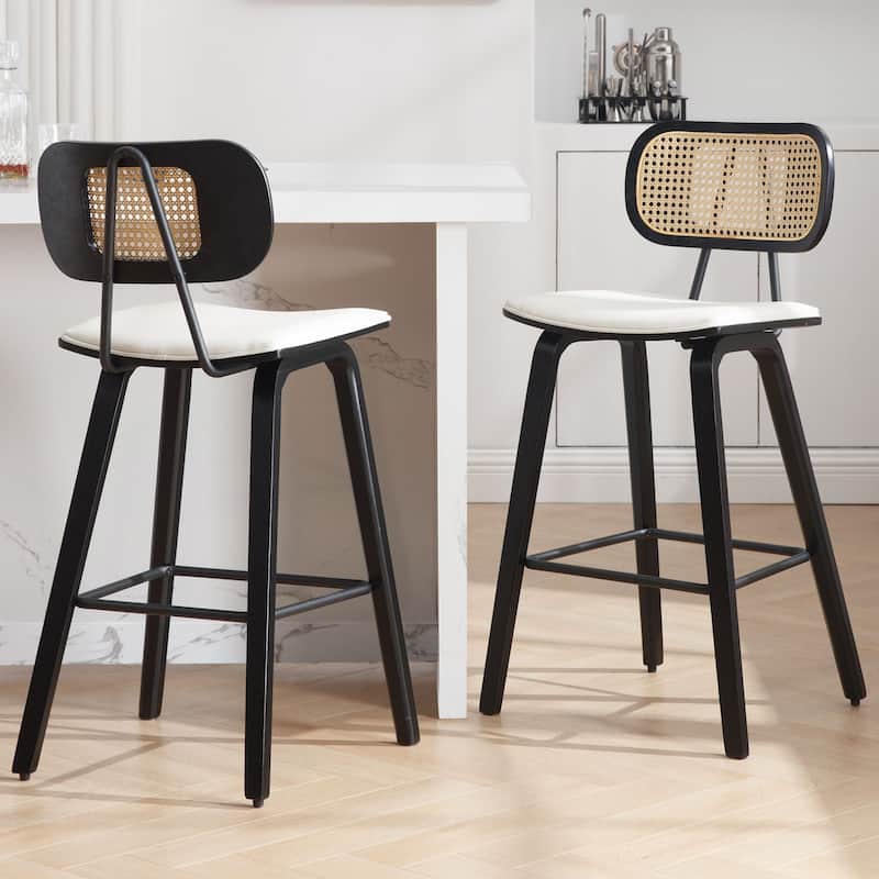 26-inch Wood Counter Height Bar Stools with Rattan Back