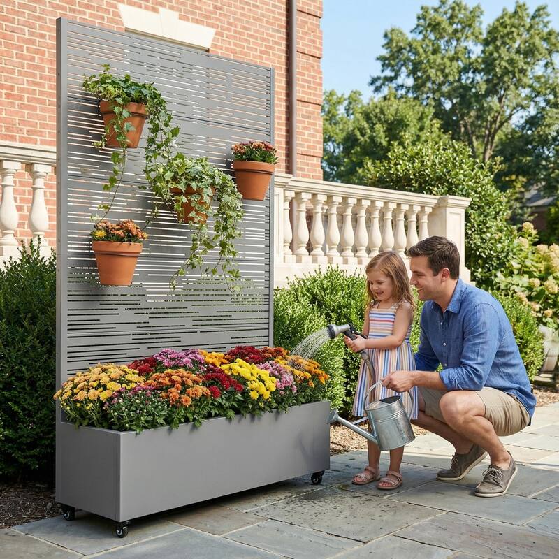 Raised Garden Bed Planter with Trellis Movable Planter Box with Lockable Wheels