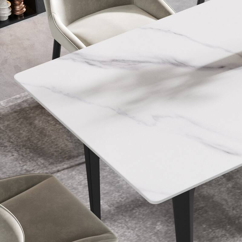 70.87" modern artificial stone white straight edge black metal leg dining table-can accommodate 6-8 people