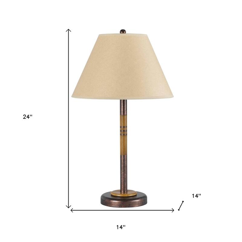HomeRoots 24" Rustic Bronze and Oak Metal Table Lamp With Brown Empire Shade - 14.00 in. x 24.00 in. x 14.00 in.