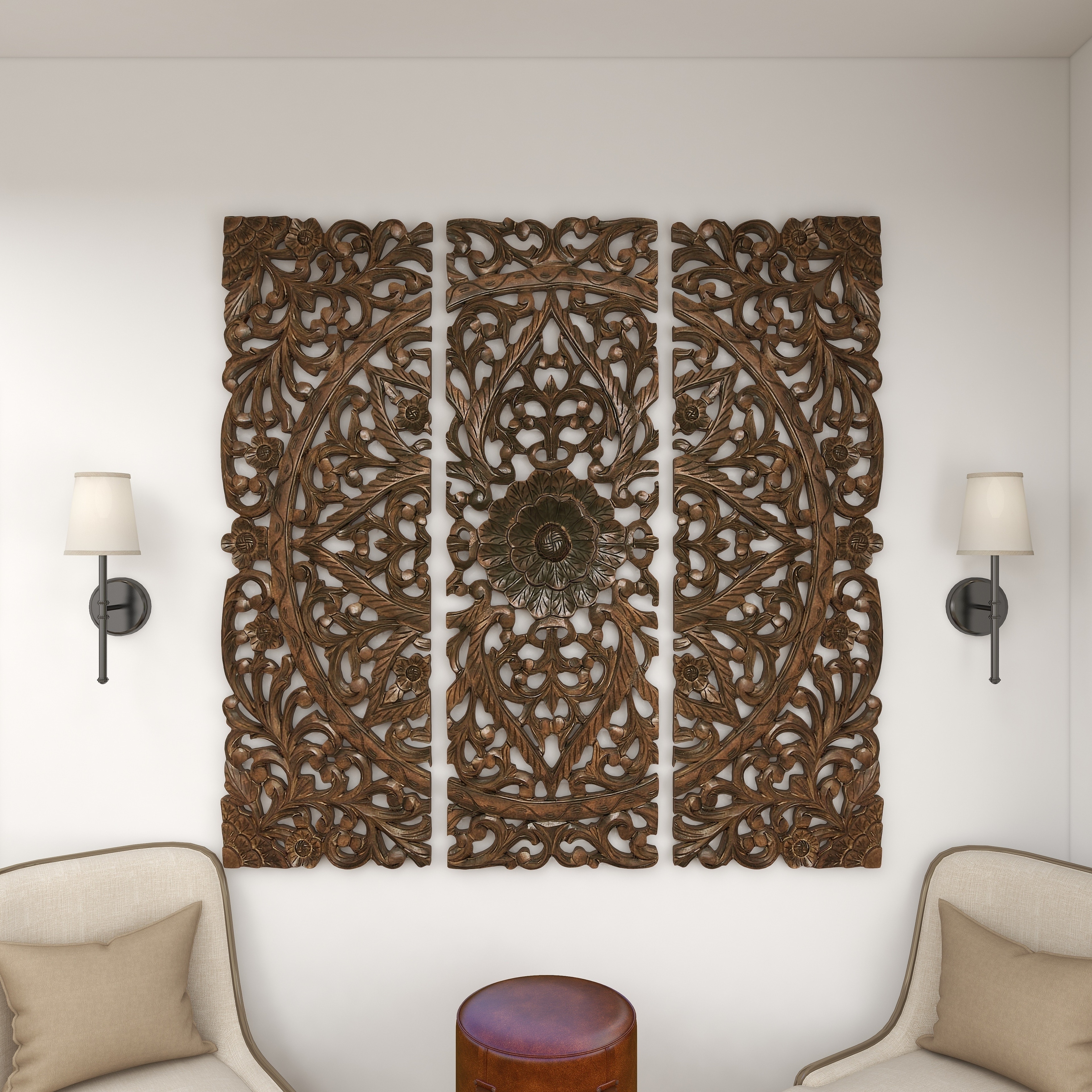 Gray or Brown Wooden Handmade Intricately Carved Floral Wall Decor with  Mandala Design (Set of 3) On Sale Bed Bath  Beyond 12179550