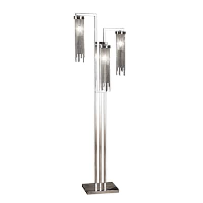 61 Inch Floor Lamp, 3 Crystal Cascade Style Shade, Chrome Finished Metal