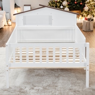 Twin Size Wood Platform Bed with House-shaped Headboard, LED, and Built-in Storage, White