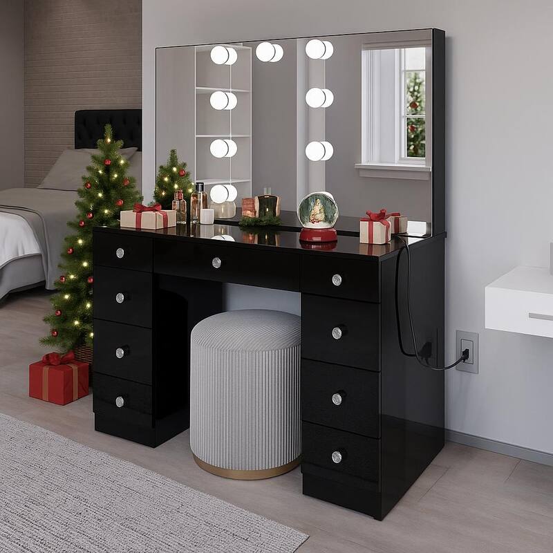 Boahaus w/Tri-Fold Lighted Makeup Vanity Desk With Glam Glass Top 9 Drawers - Black