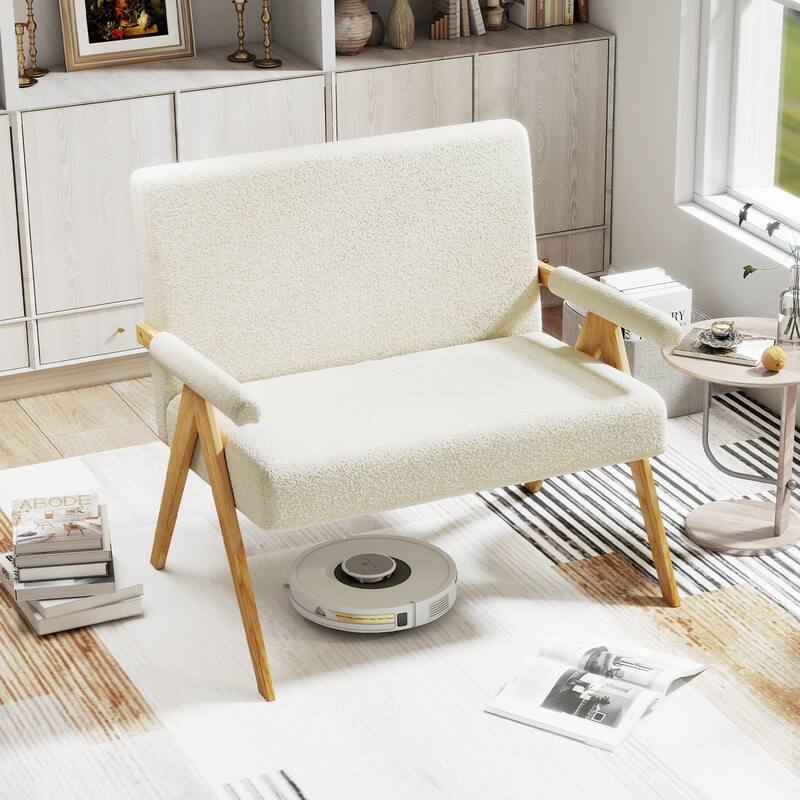 Sherpa Fabric Rubber Wood Loveseat Sofa with Cushions and Ergonomic Design - 47" x 29" x 36"