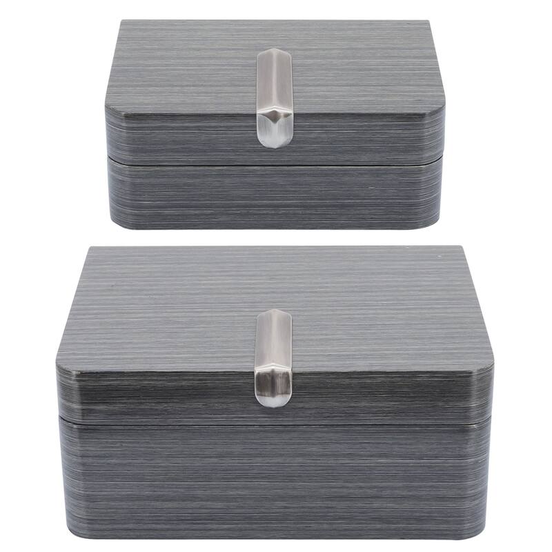 Set of Two, 7"Lx5"Wx3"H/9"Lx5"Wx4"H Wood Boxes with Metal Clasp and Fabric Interior, Gray Finish, Storage Container and