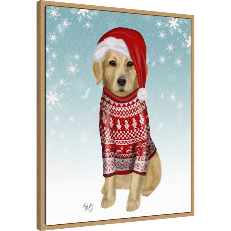 Golden Retriever in Christmas Sweater by Fab Funky (23 x 28 in.), Framed Canvas Wall Art Print - Sylvie Natural