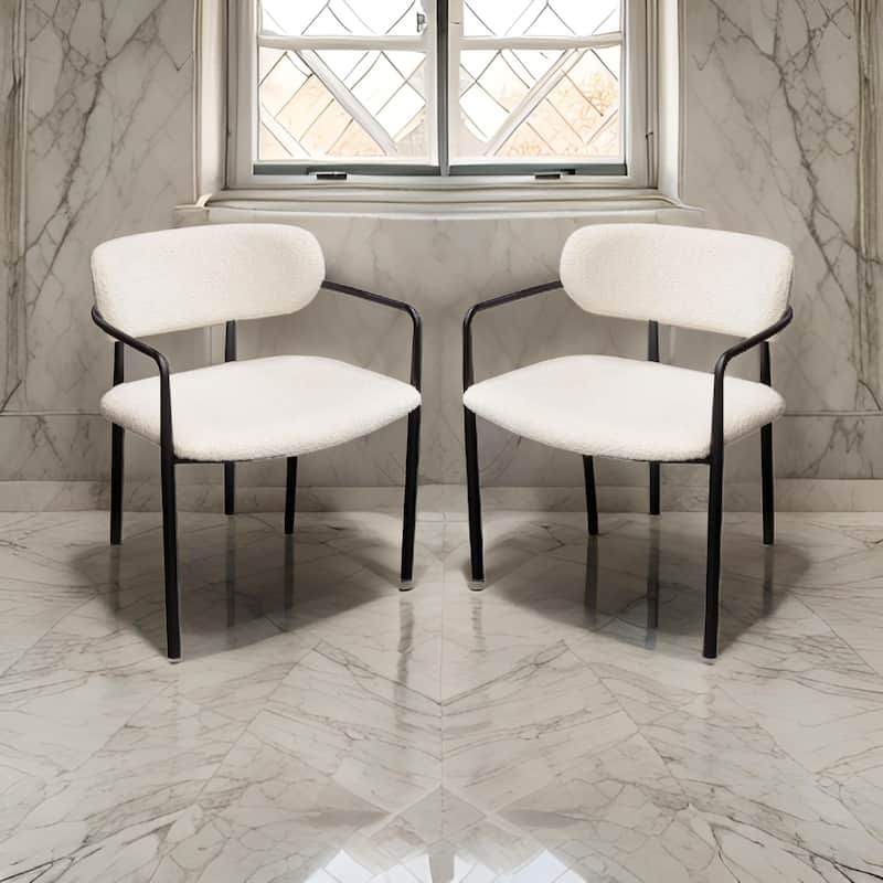 Oke 26 Inch Padded Dining Chair, Set of 2, Black, Ivory Boucle Upholstery